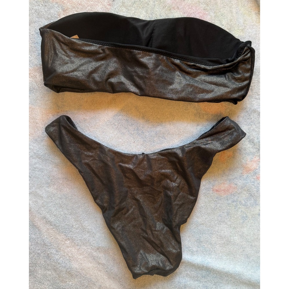 Envy's Metallic Gunmetal Bandeau Bikini Set High Cut Two Piece Swimsuit XS - Picture 2 of 4